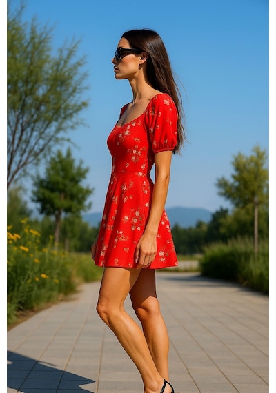 Rich Kadın Kırmızı Çiçek Desenli Yazlık Mini Elbise Yuvarlak Yaka Kısa Kollu Günlük Elbise Kırmızı Rich Kadın Kırmızı Çiçek Desenli Yazlık Mini Elbise Yuvarlak Yaka Kısa Kollu Günlük Elbise Kırmızı