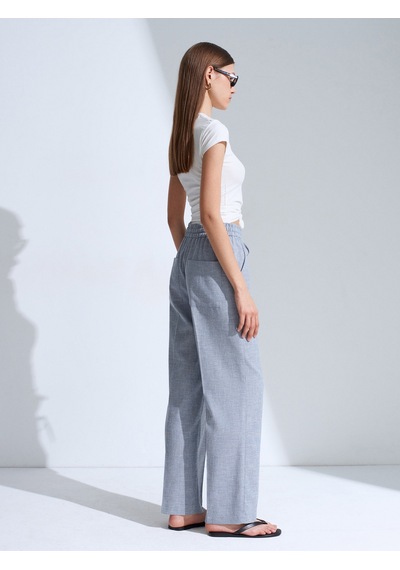 Dilvin 72730 Keten Karışımlı Bağcıklı Pantolon-mavi