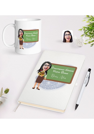 BK Gift Kişiye Özel Öğretmen Karikatürlü Beyaz Defter Kalem Kupa Seti