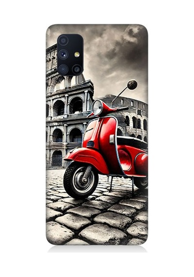 Samsung Galaxy M51 Uyumlu Kırmızı Vespa Roma Sokakları Desenli Silikon Kılıf Çok Renkli