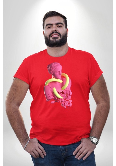 Angemiel Pop Art Yaratıcı Heykel Pembe Kırmızı Büyük Beden Erkek Kadın Unisex Basic Ön Baskılı Tişört Kırmızı