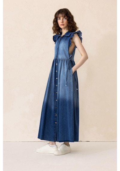 Olcay Fır Fır Detaylı Kolsuz Denim Elbise Mavi 9296-e