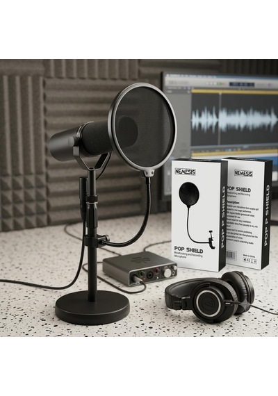Nemesis Pop Filter Shield Mikrofon Pop Filtresi, 360 Derece Esnek Metal Gövde, Ayarlanabilir Kelepçeli Stüdyo Filtresi
