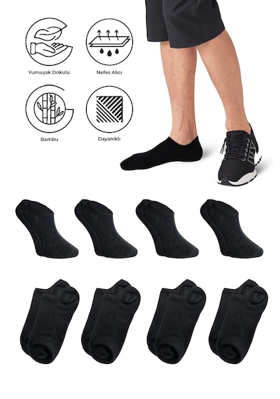 Saysez Bambu Erkek Sneaker Füme Çorap Dikişsiz Görünmez Spor Bilek 4'lü Füme