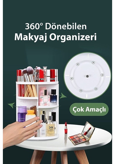 360 Derece Dönen Makyaj Takı Rafı Organizer Beyaz Kozmetik Düzenleyici Mıt1294 Beyaz