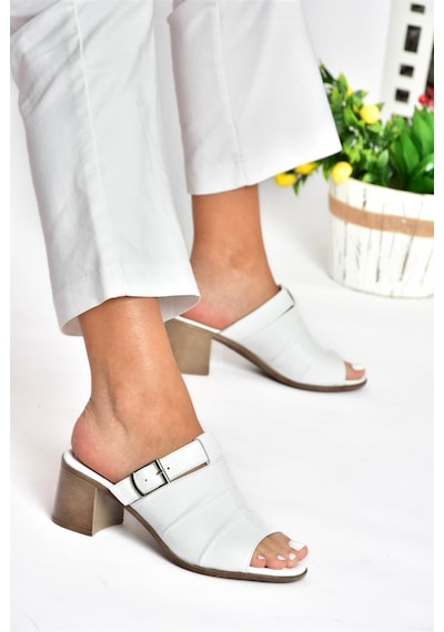 Fox Shoes P555450903 Beyaz Hakiki Deri Kalın Topuklu Günlük Kadın Terlik