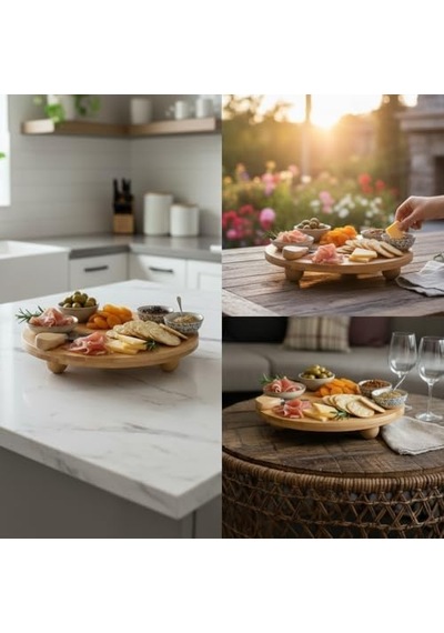 Bambu Top Ayaklı Yuvarlak Sunumluk 25cm Çap Seçenekli Doğal Ahşap Servis Tabağı Peynir, Meze, Kek Standı, Kahvaltı Ve Charcuterie Board Yükseltilmiş Masaüstü Tepsi 25 Cm 15cm