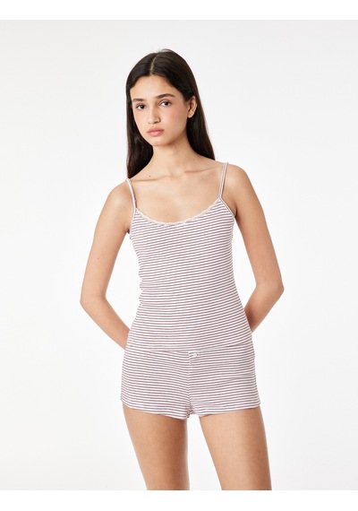 Koton Pamuklu Çizgili Askılı Pijama Üstü Kırmızı Çizgili 6slk90054mk