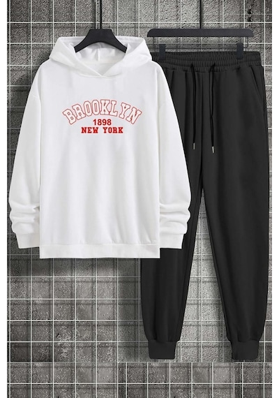 Uyguntarz Unisex Brooklyn Baskılı Kapuşonlu Sweattshirt Eşofman Takımı Beyaz Uyguntarz Unisex Brooklyn Baskılı Kapuşonlu Sweattshirt Eşofman Takımı Beyaz