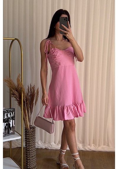 Askılı Fırfırlı Mini Boy A Kesim Şık Günlük Elbise Pembe