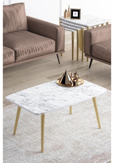 Canisa Concept Telwe Serisi Mdf 1.sınıf Zigon Ve Orta Sehpa Takımı Beyaz Mermer Desenli/ Gold Zigon Ve Orta Sehpa Beyaz Mermer Ayakları Gold