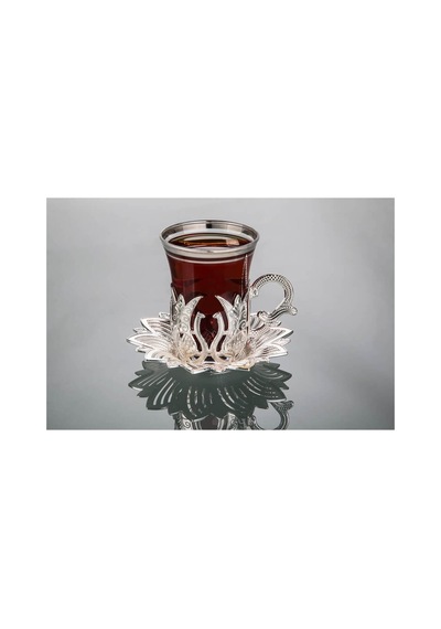 Çay Sunum Seti Lale Desenli Tepsili Metal Gümüş