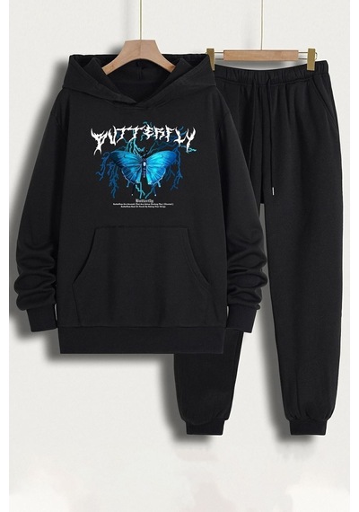 Uyguntarz Unisex Blue Butterfly Baskılı Eşofman Takımı Siyah