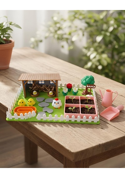 Kutpia Mini Bahçe Çocuk Oyun Ve Eğitim Seti 25x19cm - Sevimli Tavuklar Pembe