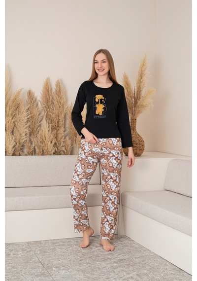 Kadın Pamuklu Baskı Detaylı Uzun Kollu Pijama Takım Siyah