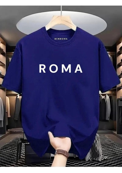 Roma Baskılı Oversize Tişört Saks Mavisi