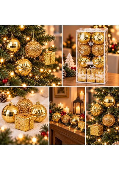 Bakgelal 16 Parça Lüks Gold Yılbaşı Ağaç Süsü Seti - 12 Adet 6 Cm Parlak / Prizmatik Top Süs & 4 Adet 6 Cm Hediye Paketi Küp Süs - 9058202780405