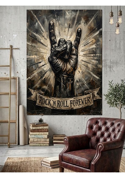 Rock N Roll Ve El Ve Işıklı Tabela Dekoratif Kanvas - Mdf Ahşap Tablo