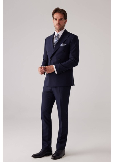 Erkek Lacivert Slim Fit Kruvaze %100 Yün Takım Elbise