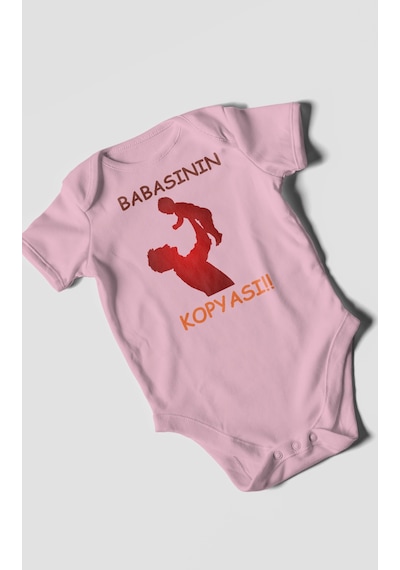 Babasının Kopyası Baskılı Bebek Zıbını Çıtçıtlı Body %100 Pamuk Kısa Kol Koyu Pembe