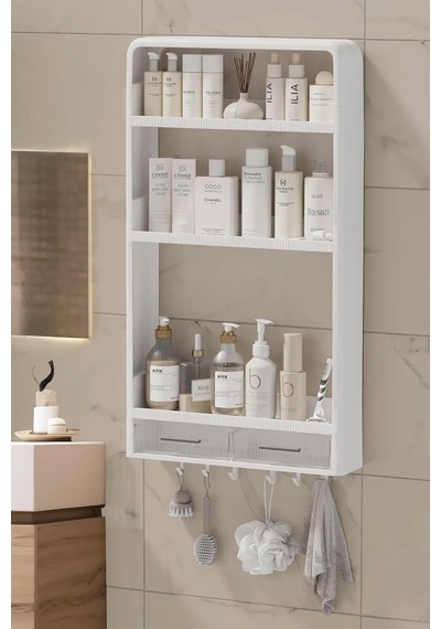Premium Yapışkanlı Duvar Rafı Organizer, Banyo Mutfak Rafı, 70x40x10 Cm, Çekmeceli, Kancalı, Su Diğer