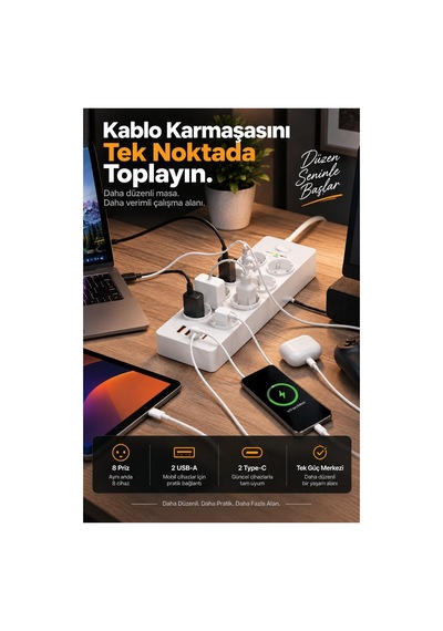 Robeve Fulltech 3680w 8 Li Akım Korumalı Uzatma Prizi - 2 Usb-a 2 Type-c, 2 Metre Kablo, Akıllı Koruma Sistemli Çoklu Priz Çoğaltıcı Grup Priz 8'li Priz 8'li Fiş Grup Fiş 2 M