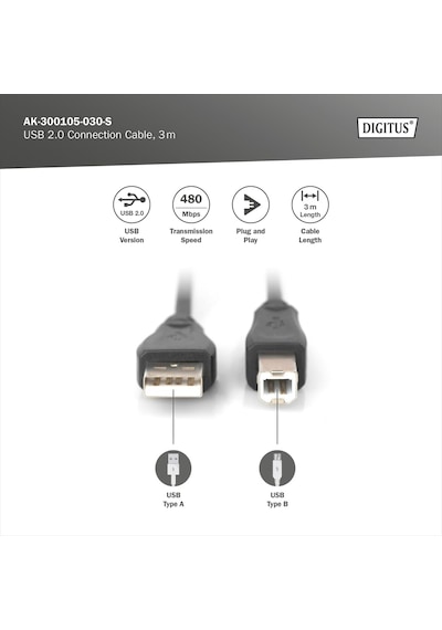 Assmann Ak-300105-030-s Usb 2.0 Bağlantı Kablosu, Tip A - B Erkek/erkek, 3, 0 M, Usb 2.0 Uyumlu Standart