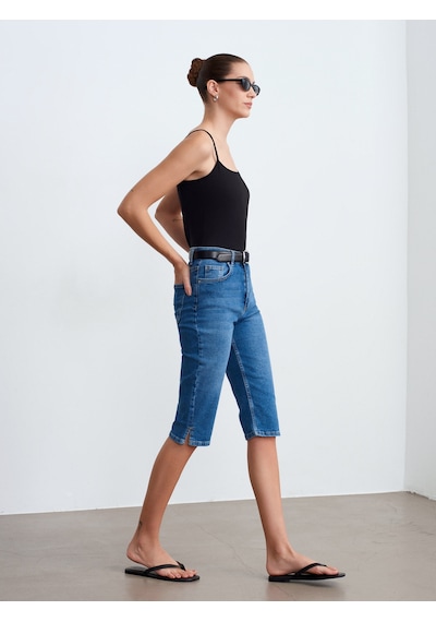 Dilvin 72311 Yırtmaçlı Denim Kapri-mavi