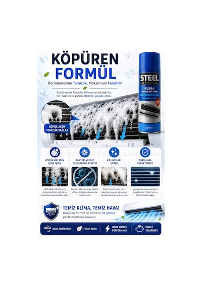 Steel Professional Klima Temizleyici Sprey 200 Ml Köpüklü Klima Temizlik Spreyi Ev, Araç Ve Spli