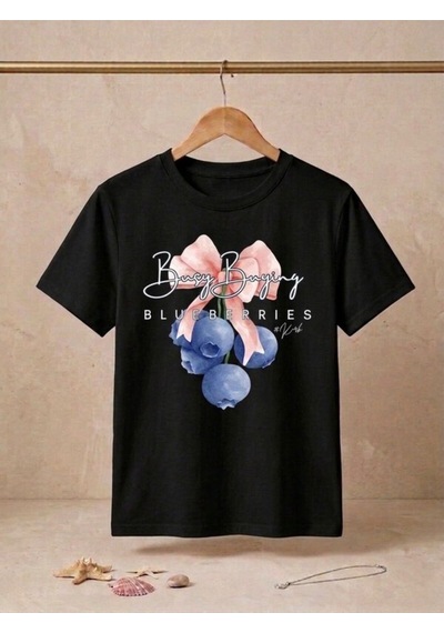 Blue Berrıes Baskılı Oversize Kompak T-shirt Siyah