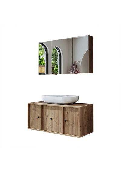 Oval Lavabolu Mdf 105 Cm Çekmeceli Dolabı + Aynalı Dolap Atlantik Atlantik Çam