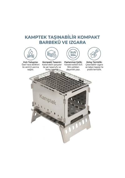 Kamptek Pratik Katlanır Kamp Mangalı Ve Odun Ocağı - Yer Kaplamayan Hafif Taşınabilir Bahçe Piknik Izgarası Gümüş
