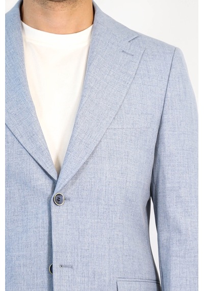Buz Mavisi Slim Fit İki Düğmeli Keten Görünümlü Erkek Takım Elbise - Wessi Koyu Mavi