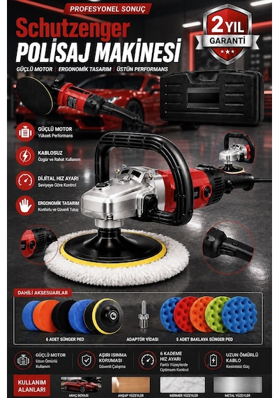 Px17 Devir Ayarlı Polisaj Makinesi Bakır Sargı 12 Parça Ped Seti 2000w 180mm Profesyonel Kırmızı 7c3