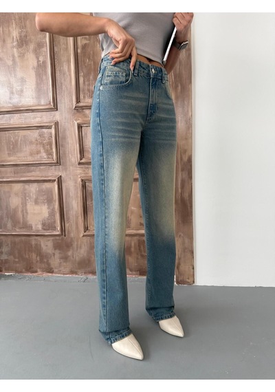 Kadın Straight Yüksek Bel Boru Paça Kot Pantolon Mavi Tint Mavi+tint