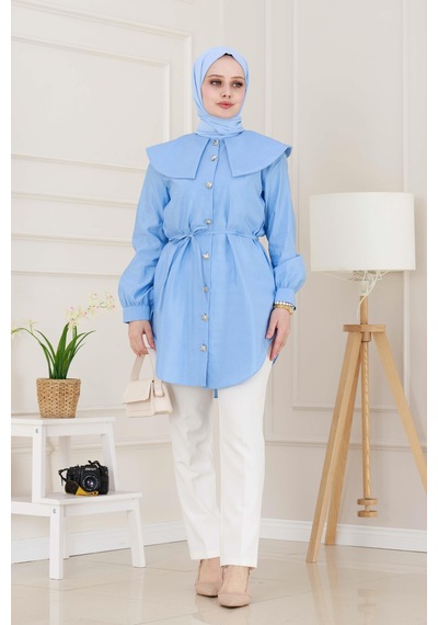 Sevitli Beli Bağcık Detaylı Geniş Yaka Tunik-bebe Mavi-4990 Bebek Mavisi