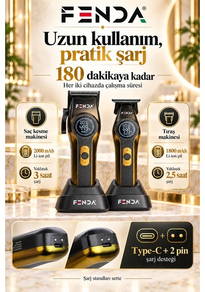 Fenda Profesyonel Şarjlı Bldc Motor 8000 Rpm 2'li Tıraş Makinesi Seti Sarı