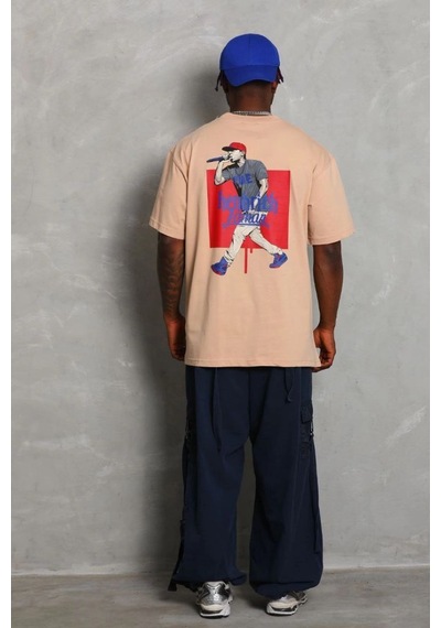 Oversize Baskılı Bisiklet Yaka T-shirt - Bej -