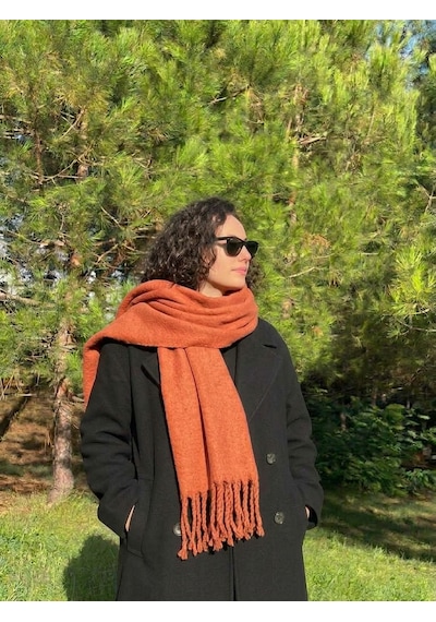 Yusan Tekstil Püsküllü Düz Renk Atkı Açık Turuncu