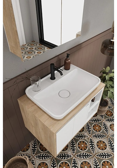 Lale Beyaz 70 Cm %100 Mdf Lavabolu Banyo Dolabı + Aynalı Dolap Beyaz Meşe Lale Beyaz 70 Cm %100 Mdf Lavabolu Banyo Dolabı + Aynalı Dolap Beyaz Meşe