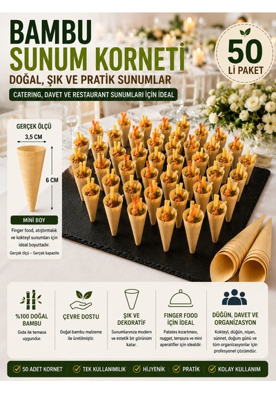 50'li Pkt Mini Bambu Sunum Korneti 6x3,5 Cm Doğal Sunum Külahı Kokteyl Catering Finger Food Sunumluk