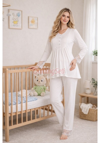 Lady Dantel Detaylı 33204 Uzun Kol, 2 Parça Lohusa Hamile Pijama Takımı Ekru