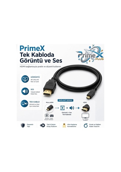 Primex Px-1121 Micro Hdmı To Hdmı Kablo, 1.5 Metre 1080p Full Hd Hdmi Görüntü Ve Ses Aktarım Kablosu, Micro Hdmi Type-d Kamera Tablet Mini Laptop Raspberry Pi Tv Monitör Projeksiyon Bağlantı Kablosu