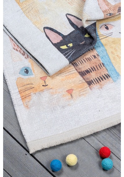 Renkli Kedi Desenli Kilim Çocuk & Oyun Odası Dekoratif Tasarım Çok Renkli Çok Renkli