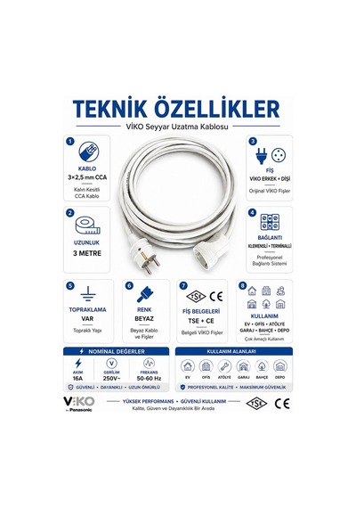 Viko Seyyar Uzatma Kablosu 3 Metre 3x2.5 Mm Cca Kablo Viko Erkek Dişi Fiş Klemensli Terminalli Topraklı Tse Ce Belgeli 3 M