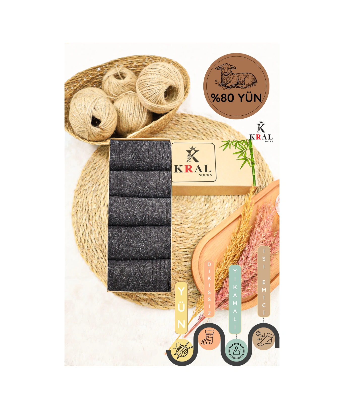 Miss Lana Ladies Socks Kışlık 5 Çift Lambswool Kadınlar Için Termal Kutulu Dikişsiz Yün Çorap Siyah