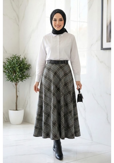 Hb Harma Time Butik Kadın Gri Desenli Kemerli Etek