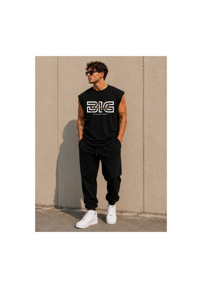 Herkesemoda Big Thing Baskı Detaylı Sıfır Kol Bisiklet Yaka T-shirt Siyah