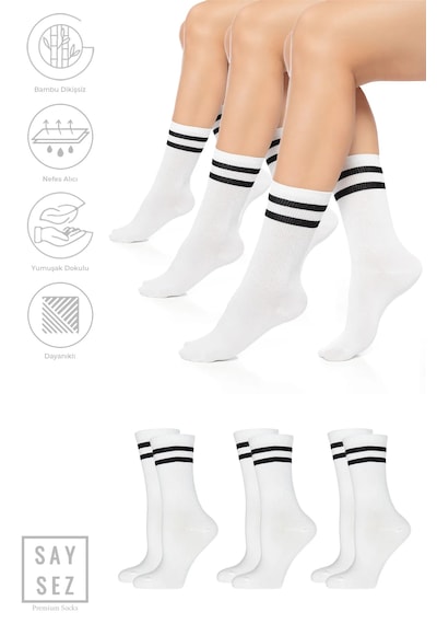 Saysez Bambu Unisex Tenis Kolej Çizgili Beyaz Dikişsiz Soket Çorap 3'lü