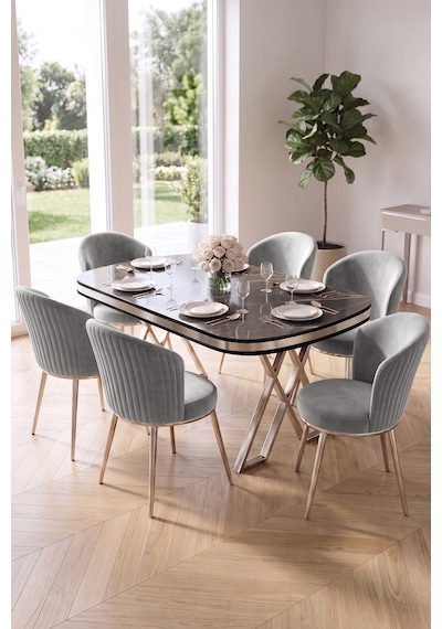 Nisare Serisi 90x168 Lak Panel Siyah Mermer Desen Masa Takımı Krom Ayaklı 6 Sandalye Siyah Mermer Masa Gri Sandalye Nisare Serisi 90x168 Lak Panel Siyah Mermer Desen Masa Takımı Krom Ayaklı 6 Sandalye Siyah Mermer Masa Gri Sandalye